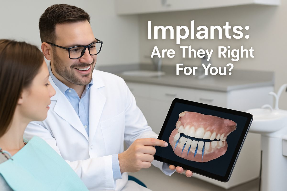 A dentist is consulting with a patient, showing them a digital scan of their mouth and potential implant locations. The text on the image reads "Implants: Are They Right For You?"