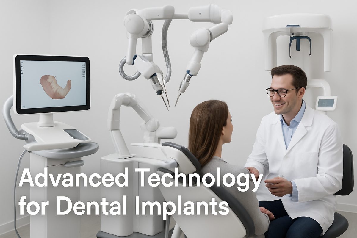 A modern dental implant center, showcasing advanced equipment like a 3D scanner and robotic-assisted surgery tools. The environment is clean and professional, with a dentist consulting with a patient, with the text "Advanced Technology for Dental Implants" overlayed.