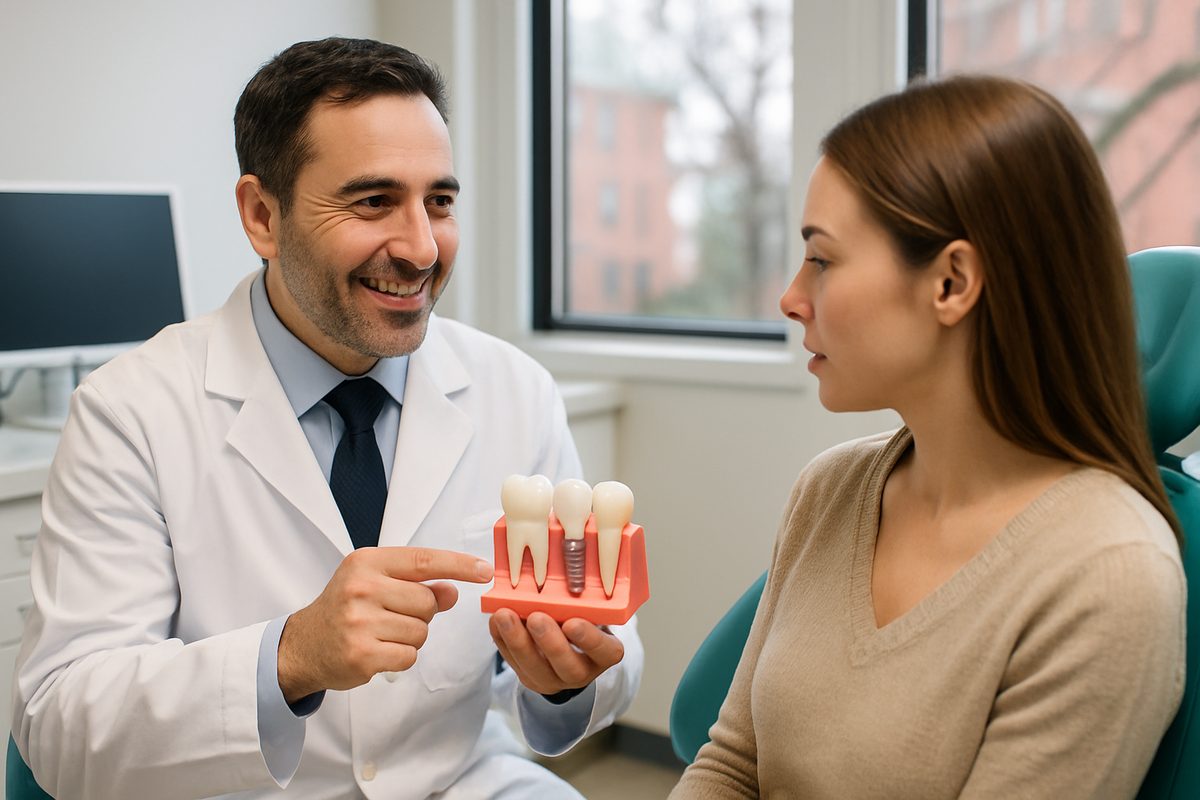 Image of a dentist in New Haven, CT, consulting with a patient about dental implant options, using a 3D model to illustrate the implant process. No text on the image.
