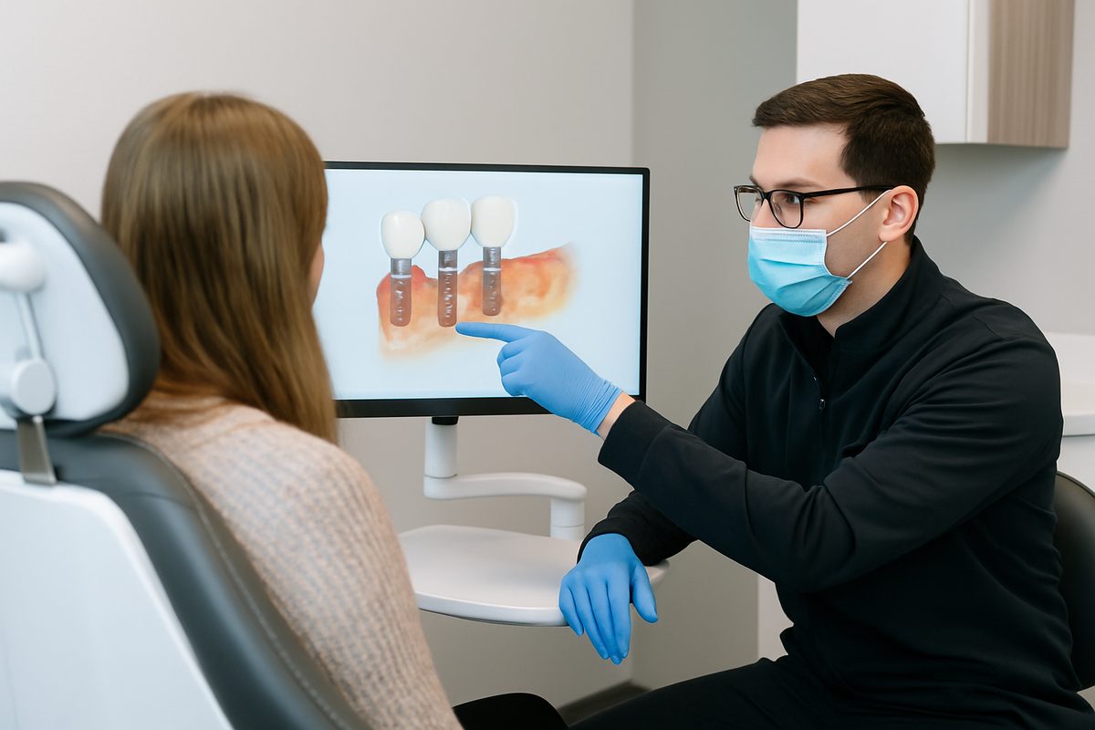 Image of a dentist in New Haven, Indiana, consulting with a patient about dental implant options, using a digital scan to illustrate the process. The dentist is pointing to the scan while explaining the benefits of implants. No text on the image.