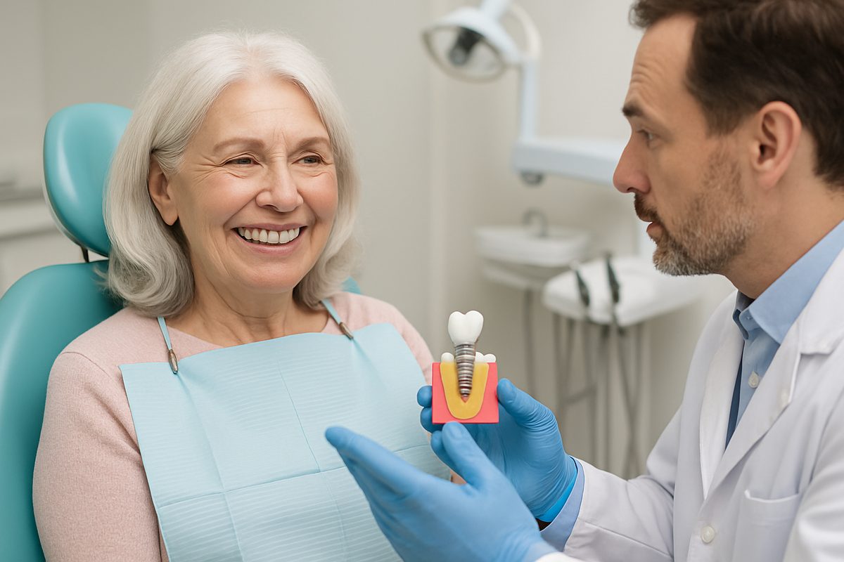 Image of a smiling senior woman who has recently undergone a dental implant procedure. She is in a dental chair and the dentist is explaining after care instructions. No text on the image.