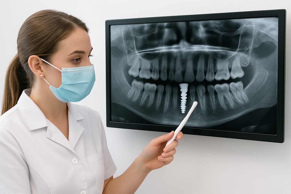 Image of a dentist pointing to a digital x-ray of a patient's mouth showing a dental implant with healthy gums and bone structure surrounding it. No text on image.