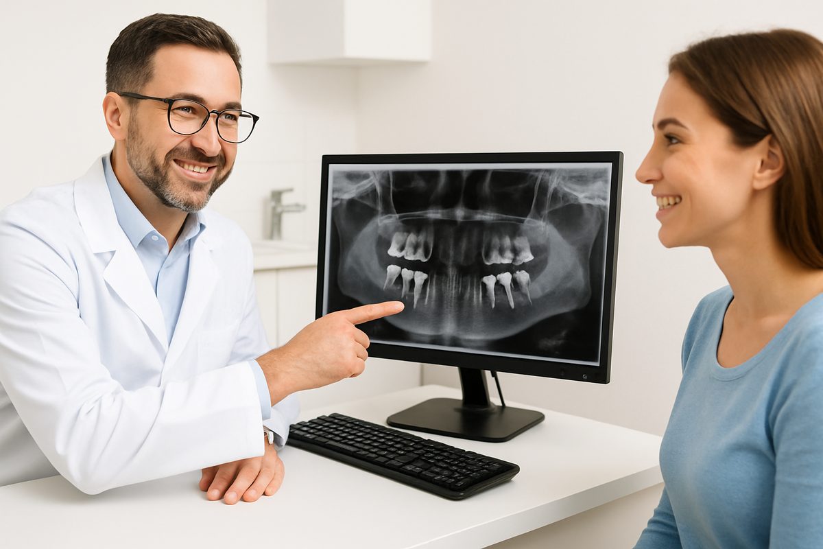 A friendly dentist is consulting with a patient about options for "dental implants Huntertown in". The dentist is pointing at a digital scan of the patient's jaw on a computer screen. No text on the image.