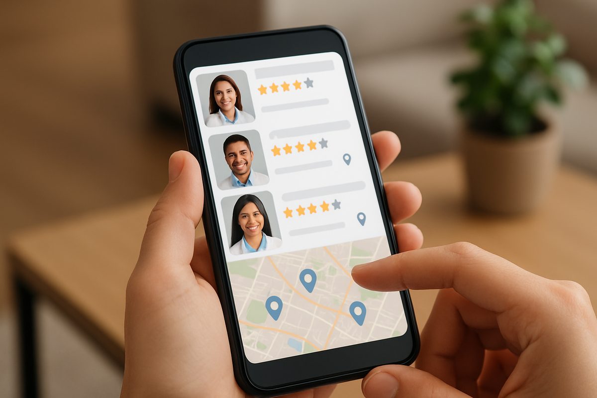 A person uses a phone app to search for an orthodontist. The app displays orthodontist profiles with photos, ratings, and locations on a map. No text on image.