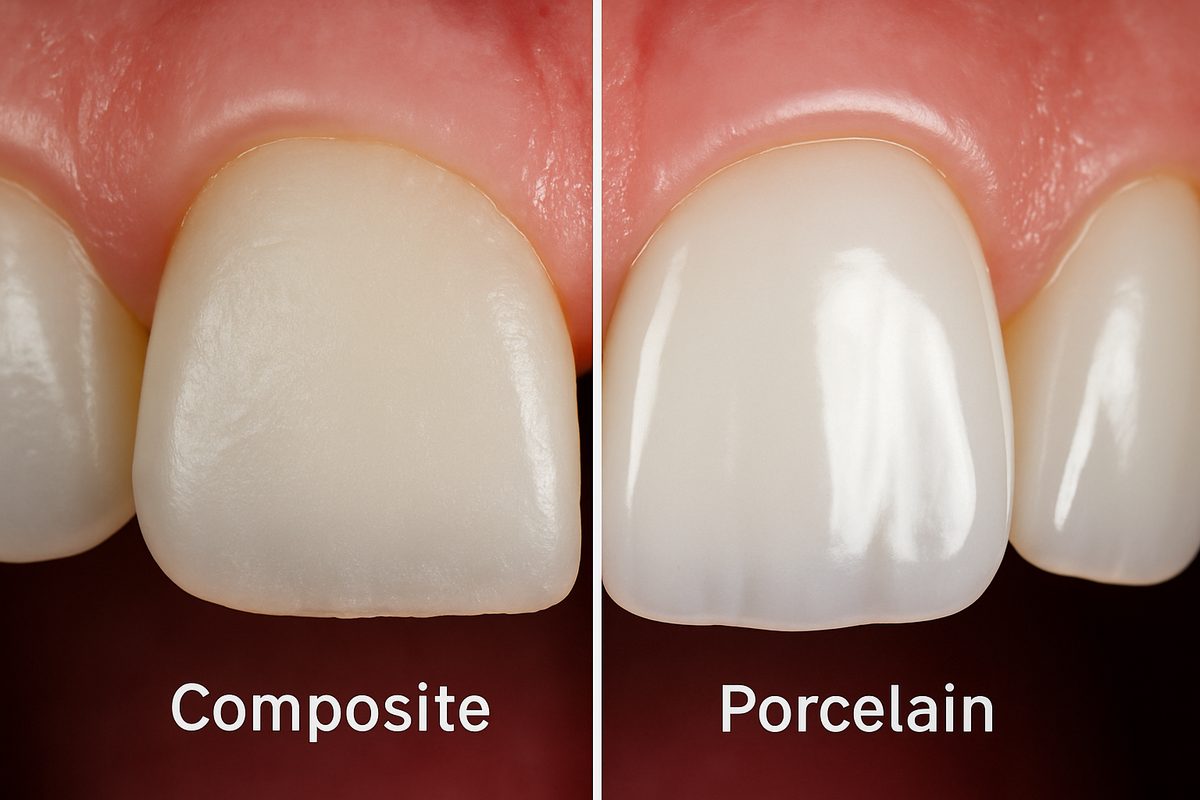 A split image comparing composite and porcelain veneers. The left side shows a tooth with composite veneer, highlighting its affordability, while the right side showcases a tooth with a porcelain veneer, emphasizing its natural appearance and durability. No text on the image.