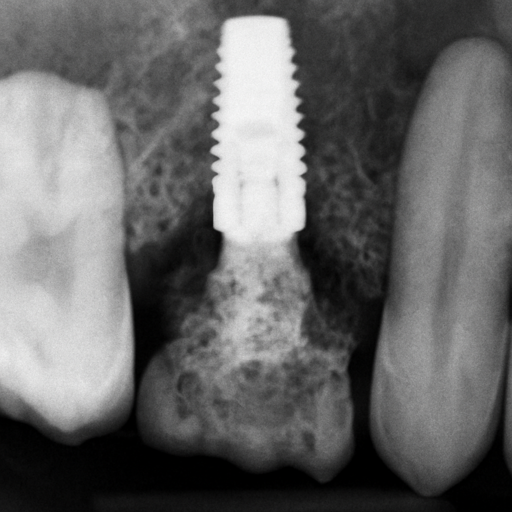 Close up X-ray of a dental implant with visible bone loss around the implant, indicating peri-implantitis. No text on image.
