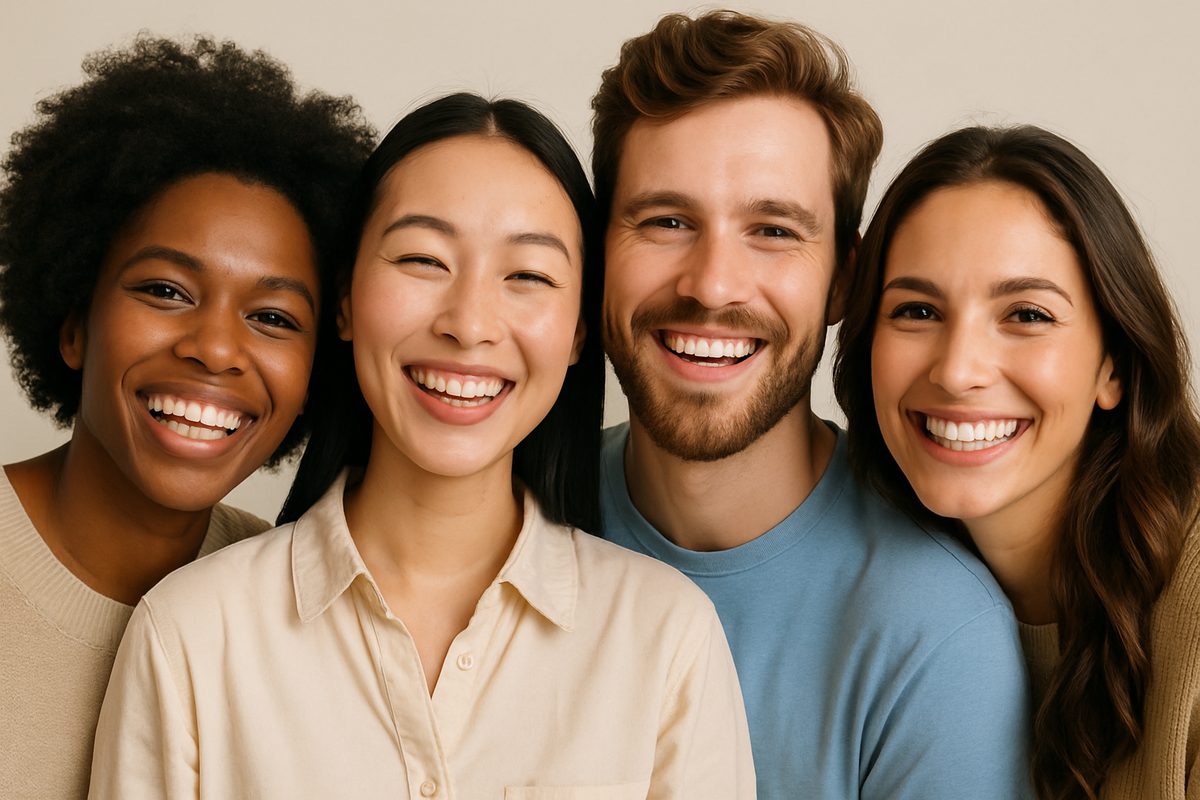 A diverse group of people are smiling and appear to be happy with their teeth. No text on image.