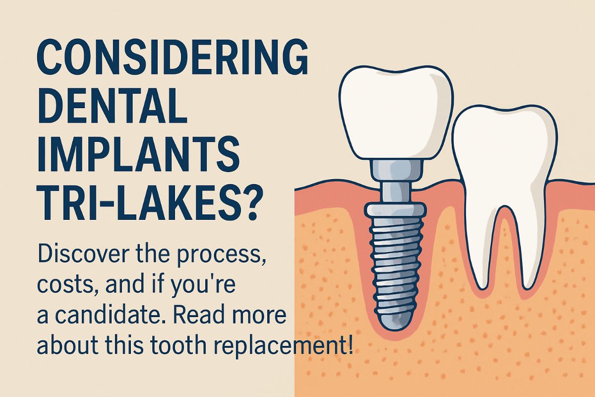 Image of a dentist smiling and consulting with a patient about dental implant options with example implant models on the table. No text on the image.