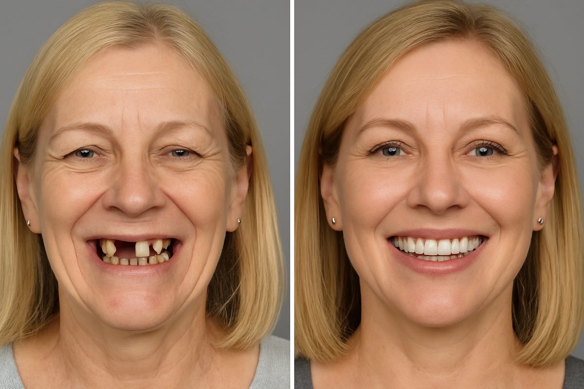 Image showcasing a patient smiling confidently with "screw on teeth" or implant-supported dentures. Include before and after photos demonstrating the transformation. No text on image.