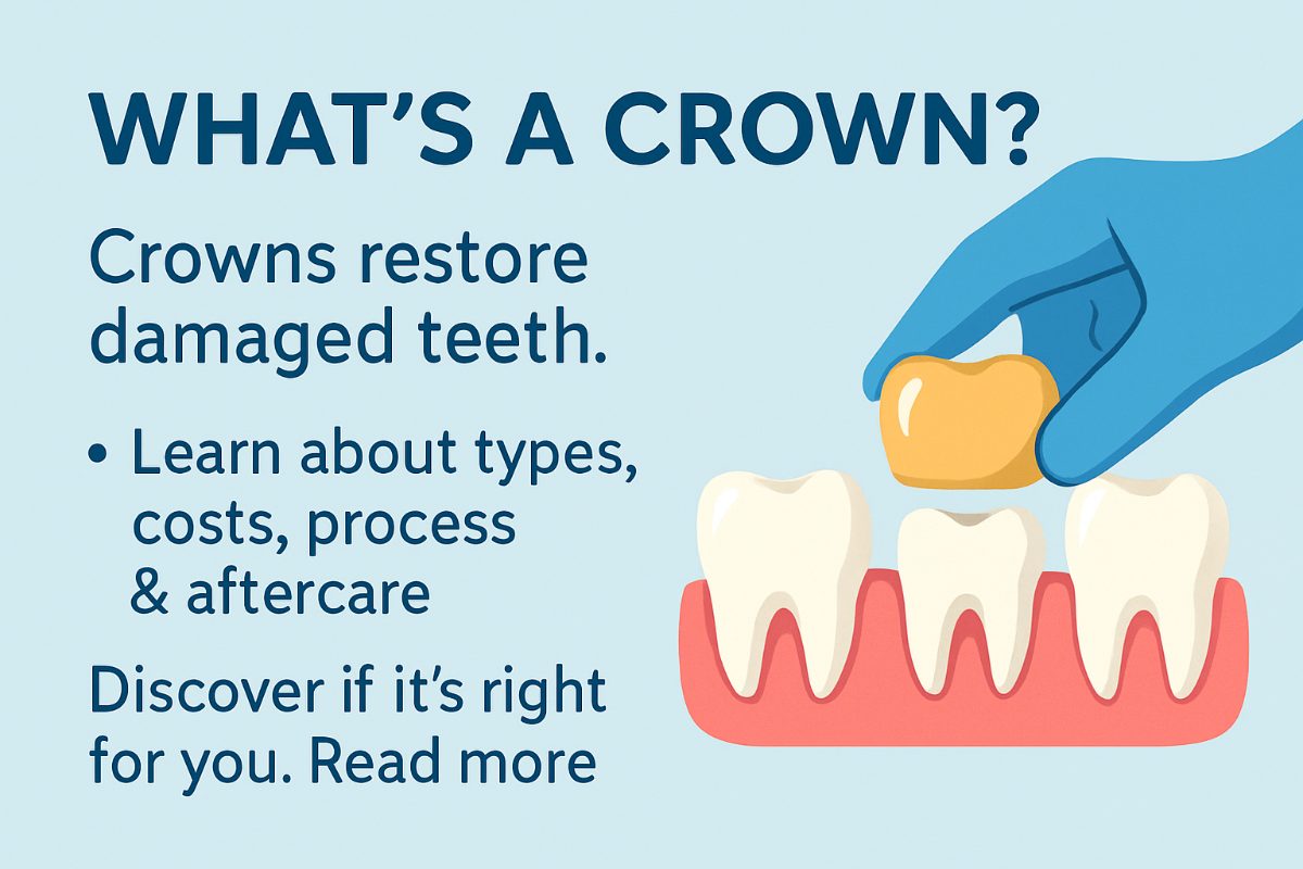 Image of a dentist holding a dental crown next to a patient's tooth, illustrating the process of capping or restoring a damaged tooth. No text on the image.