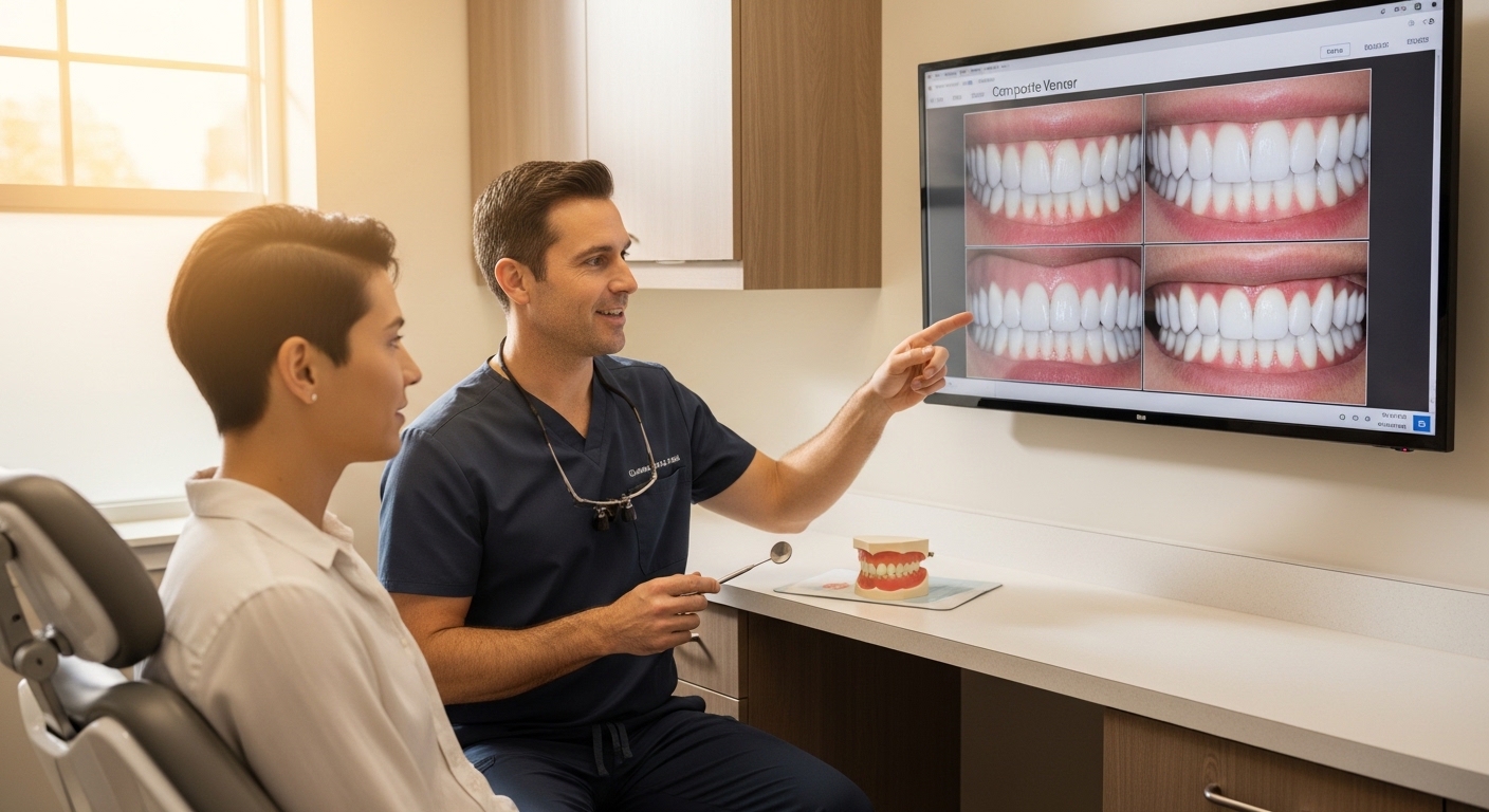 Dentist explaining composite veneers to a patient using modern technology