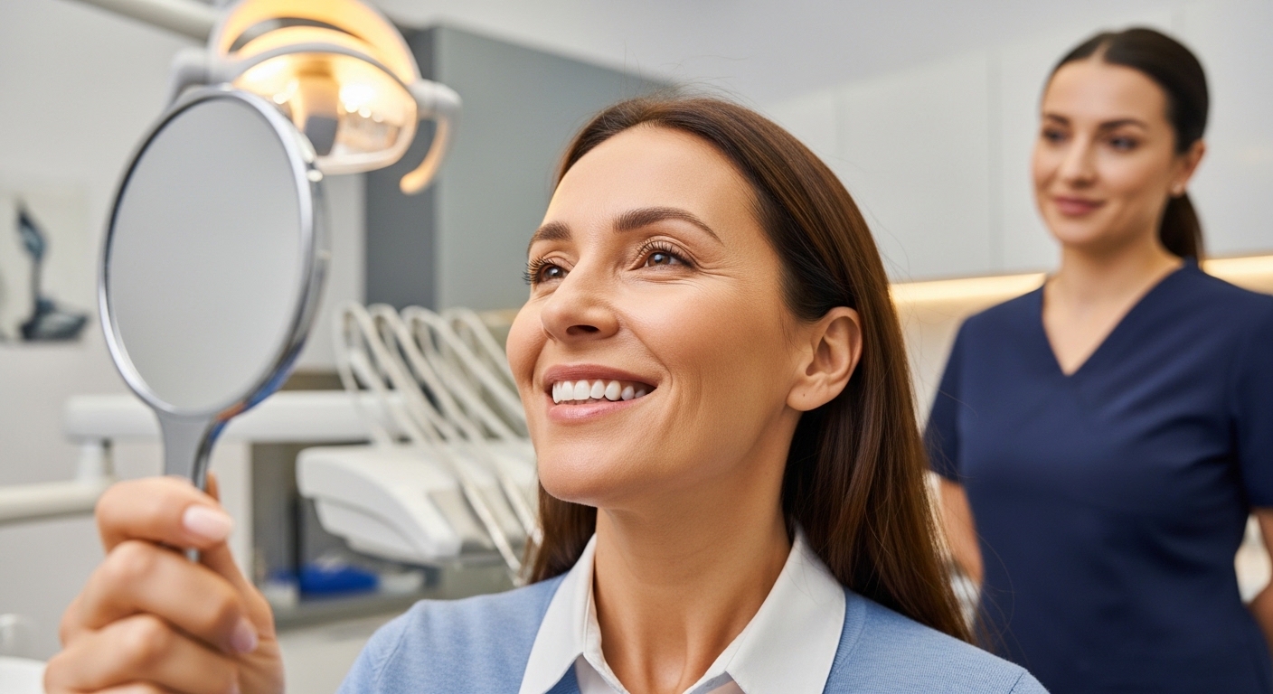 Patient checking their new veneers in a dental clinic mirror
