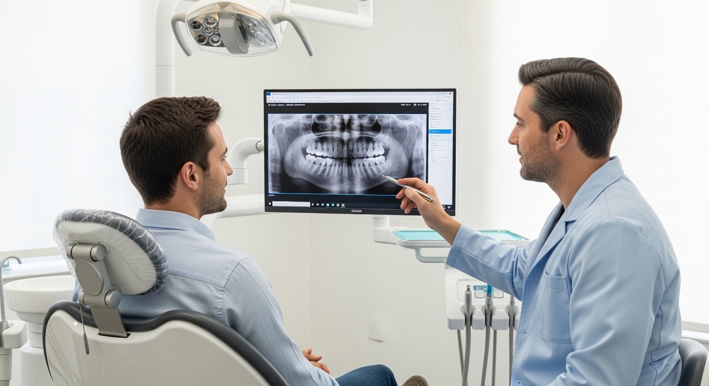 Dentist and patient discussing dental tax deductions at a clinic.