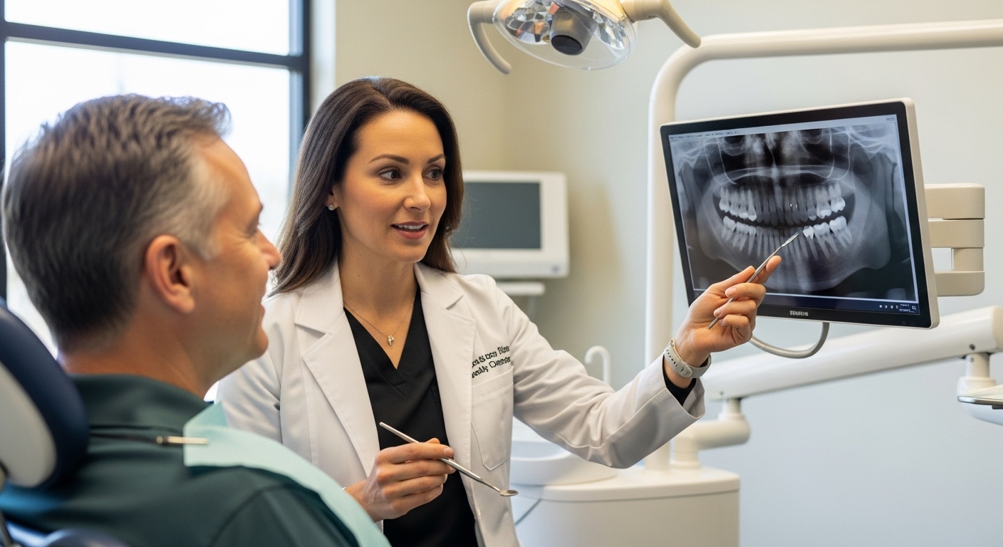 Dentist consulting with a patient during a routine dental visit